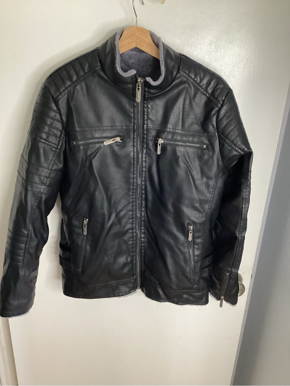 Black Faux Leather Bomber Zip-Front S